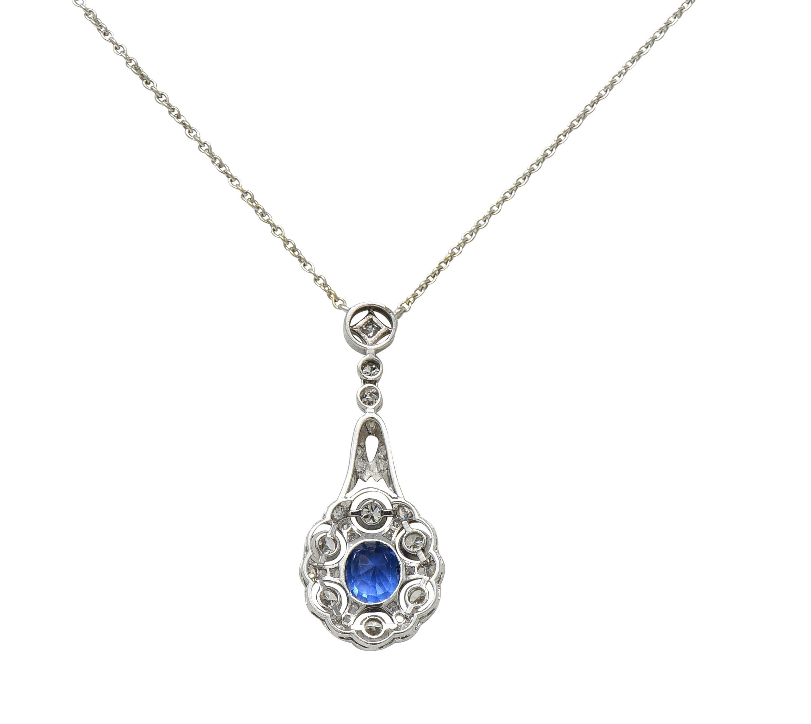 Collana edoardiana con zaffiro di Birmania senza calore e diamante di platino antico da 2,33 CTW In condizioni ottime in vendita a Philadelphia, PA