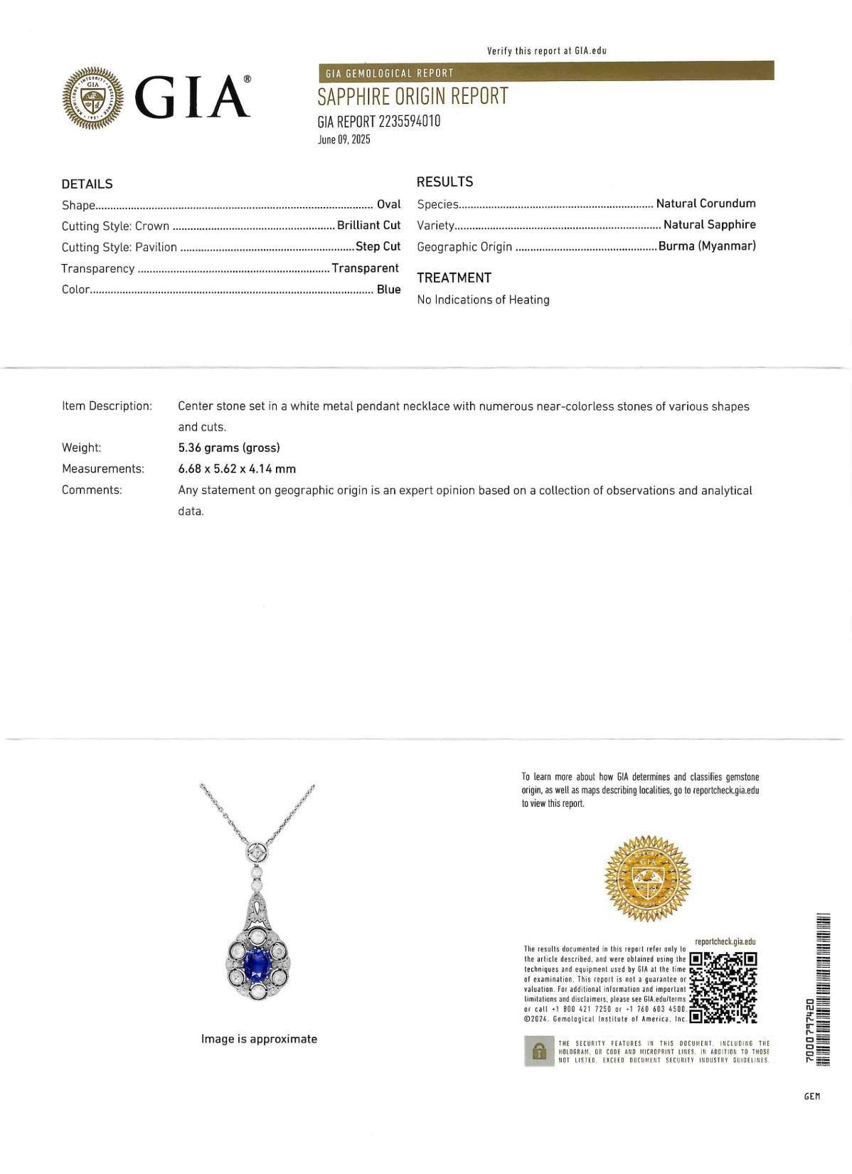 Collana edoardiana con zaffiro di Birmania senza calore e diamante di platino antico da 2,33 CTW in vendita 3