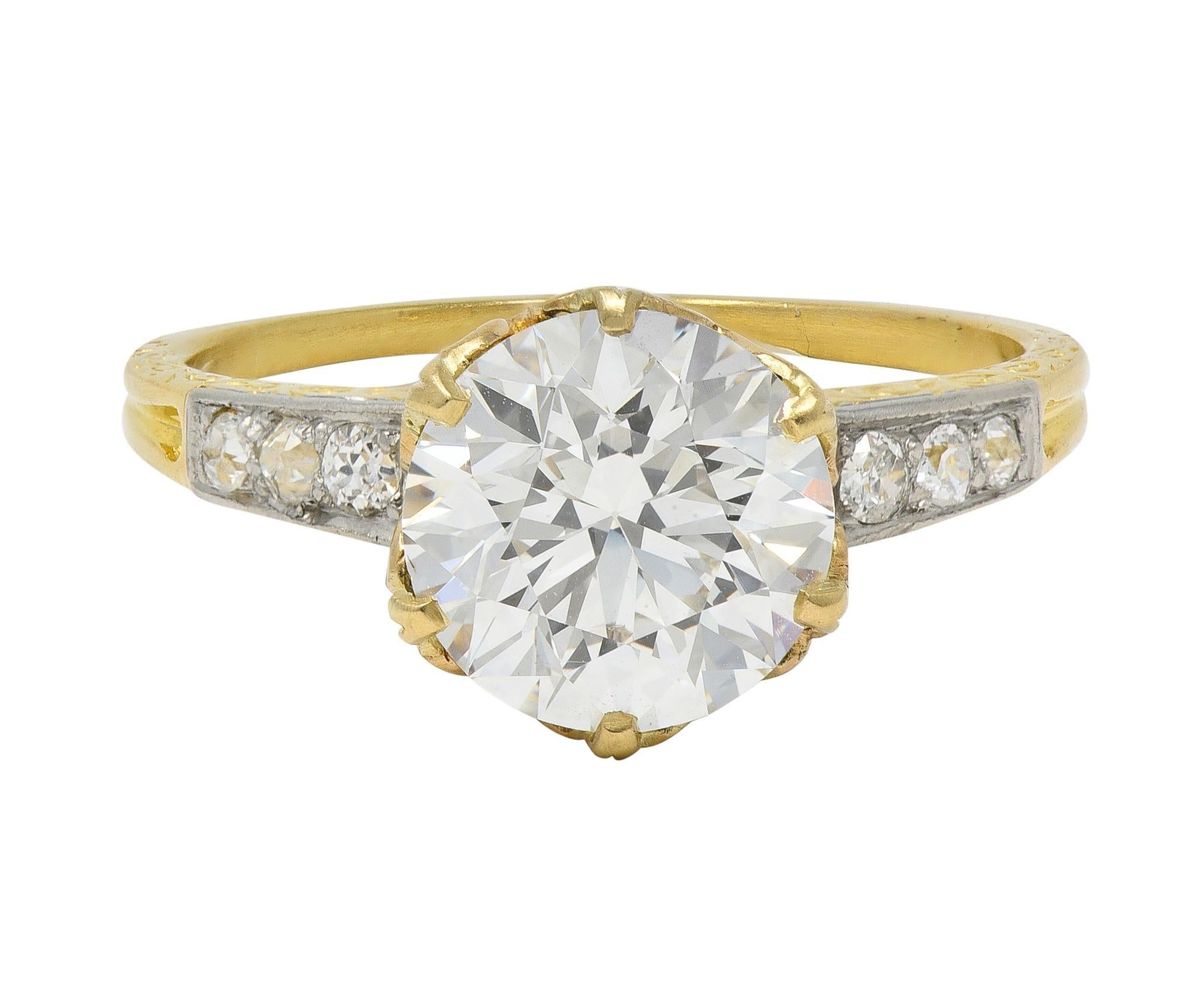 Anello di fidanzamento antico edoardiano con diamante europeo da 2,40 CTW in platino e oro 18 carati