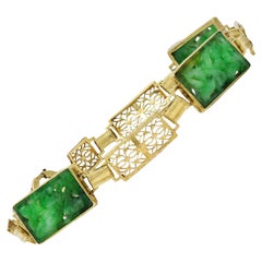 Fritzsche & Co. Art Deco Carved Jade 14 Karat Gold Antike Floral Link-Armband