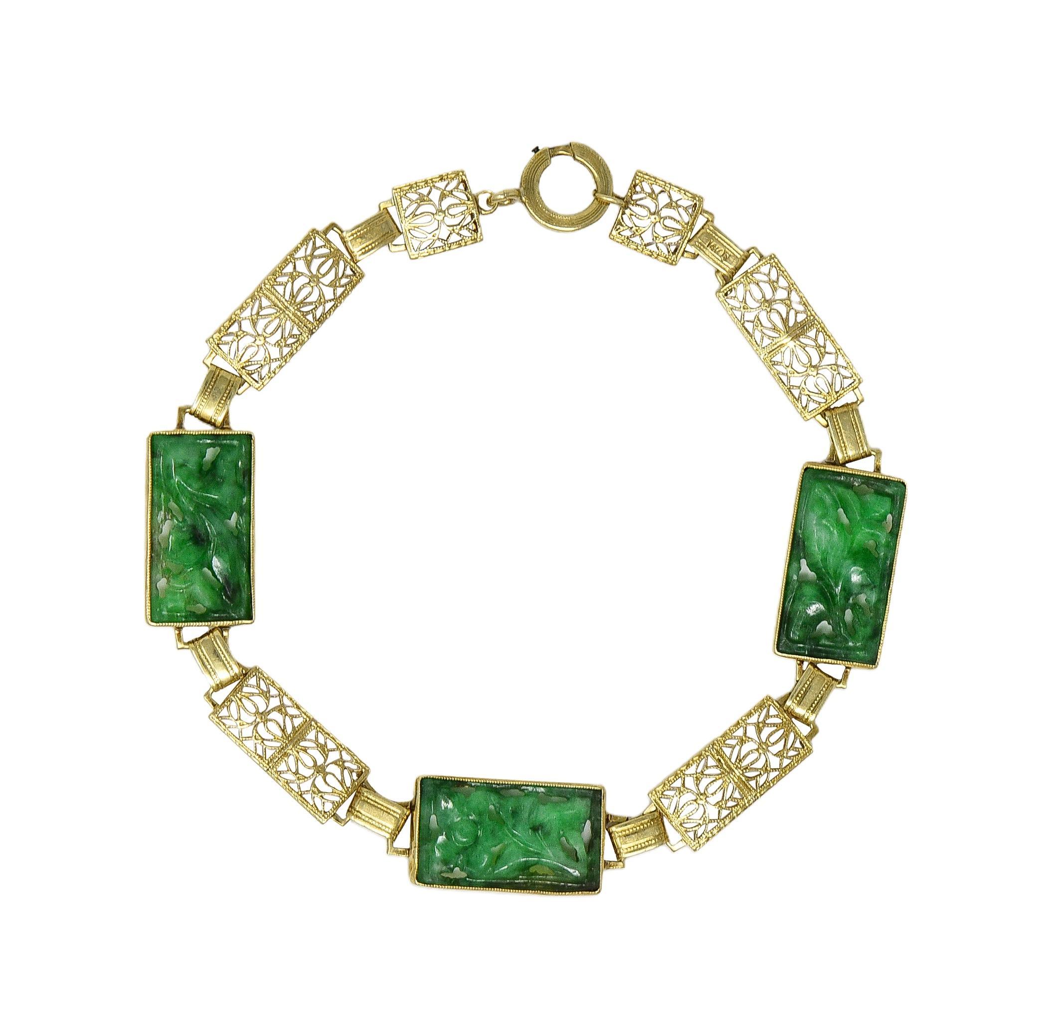 Art Déco Fritzsche & Co. Bracciale Art Carved in giada scolpita in oro 14 carati con maglie floreali antiche in vendita