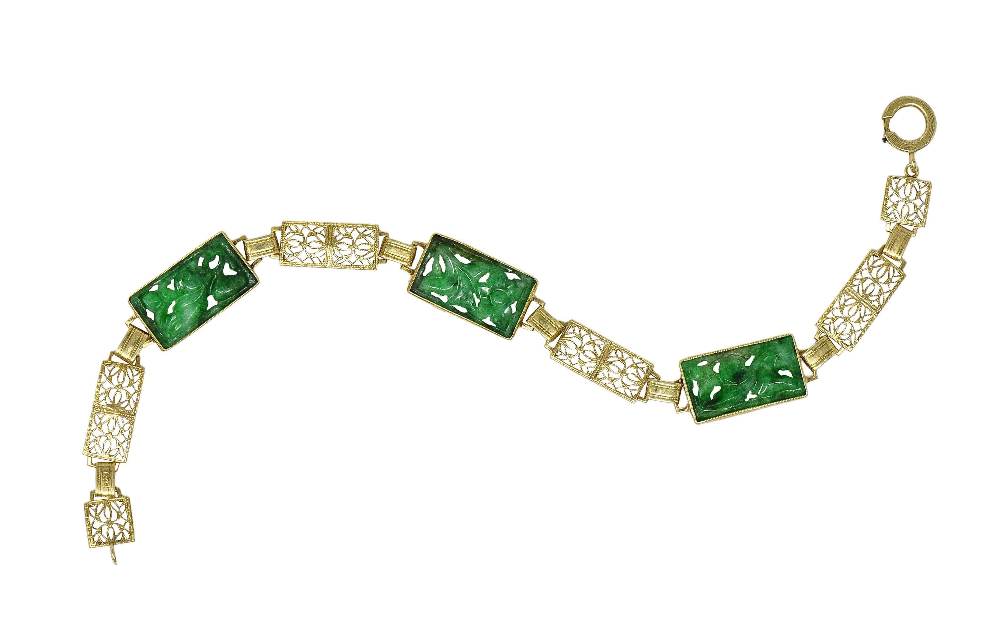 Fritzsche & Co. Bracciale Art Carved in giada scolpita in oro 14 carati con maglie floreali antiche in vendita 2