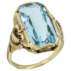 Art Nouveau 6.12 CT Aquamarin 14K Grüngold Antik Lily Pad Cocktail Ring