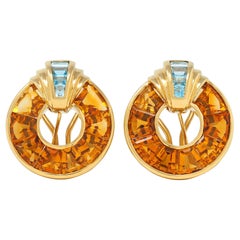 1980's 14.60 CTW Topas Citrin 18 Karat Gold Vintage Geometrische Scheibenohrringe