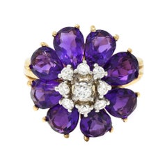 1960er Jahre 5,92 CTW Amethyst Diamant 14K Gold Vintage Cluster Cocktail Ring