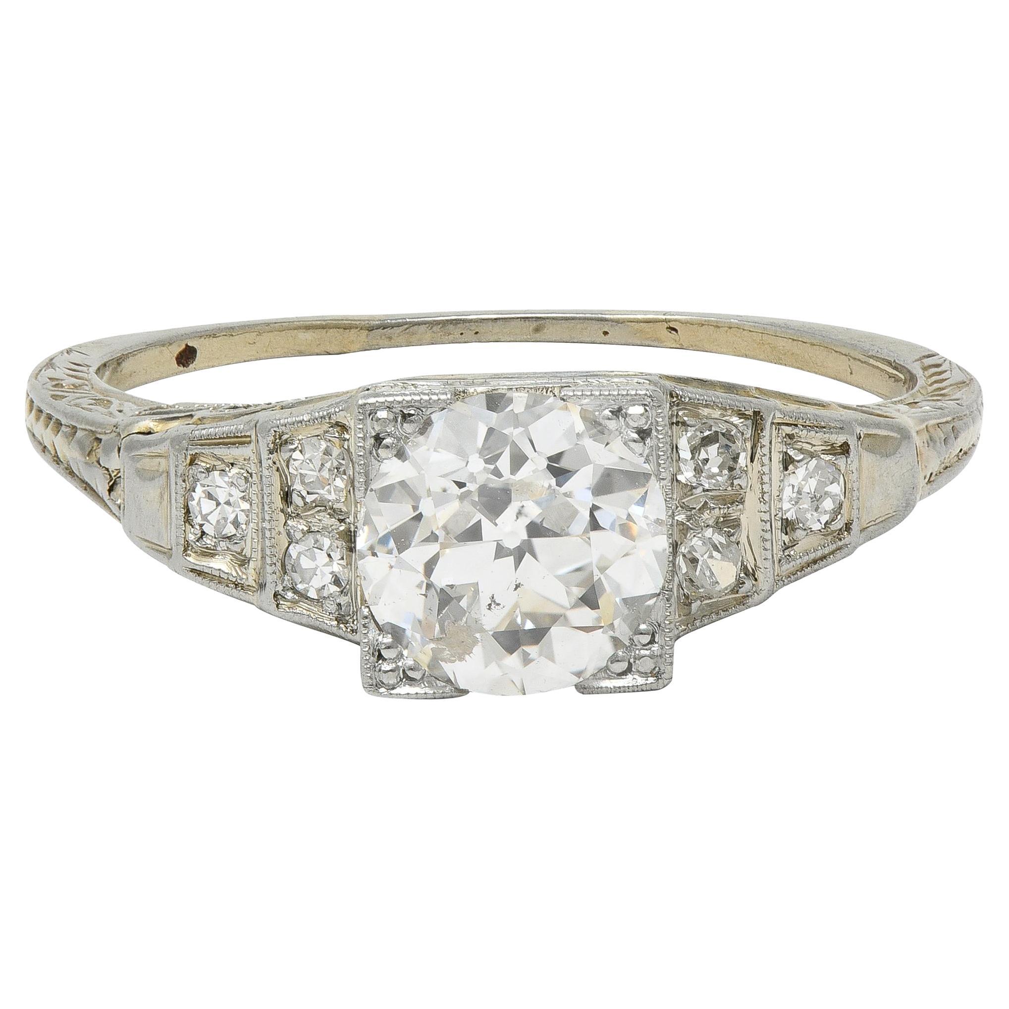 Art Deco Old European Cut Diamond 18K White Gold Vintage Stepped Engagement Ring (bague de fiançailles à gradins)
