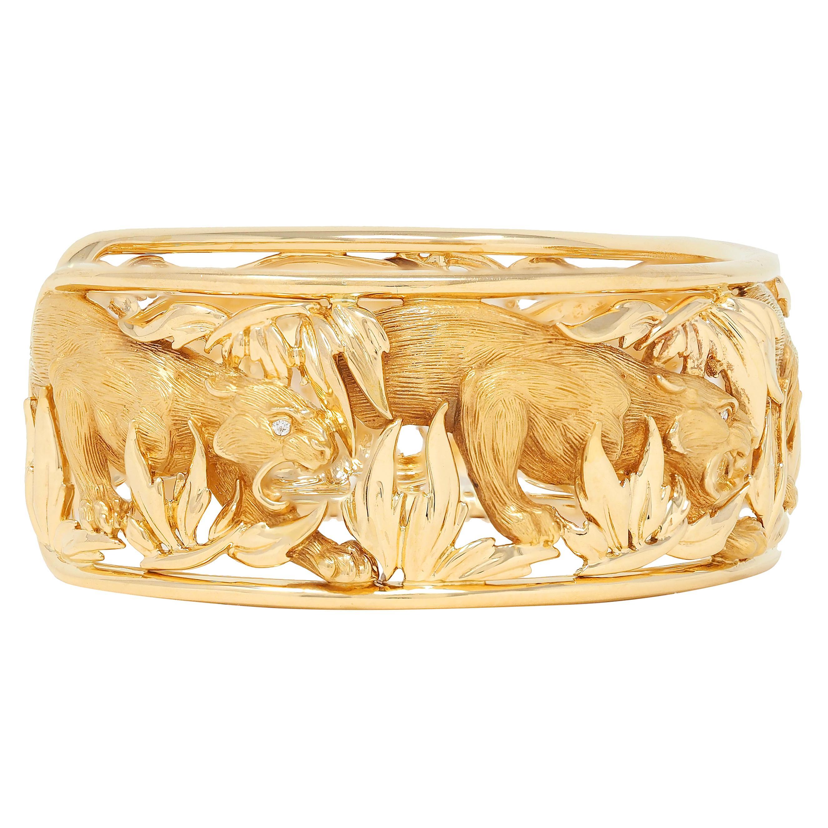 Taille ronde Bracelet manchette Carrera y Carrera diamant or jaune 18 carats Panthère Animal en vente