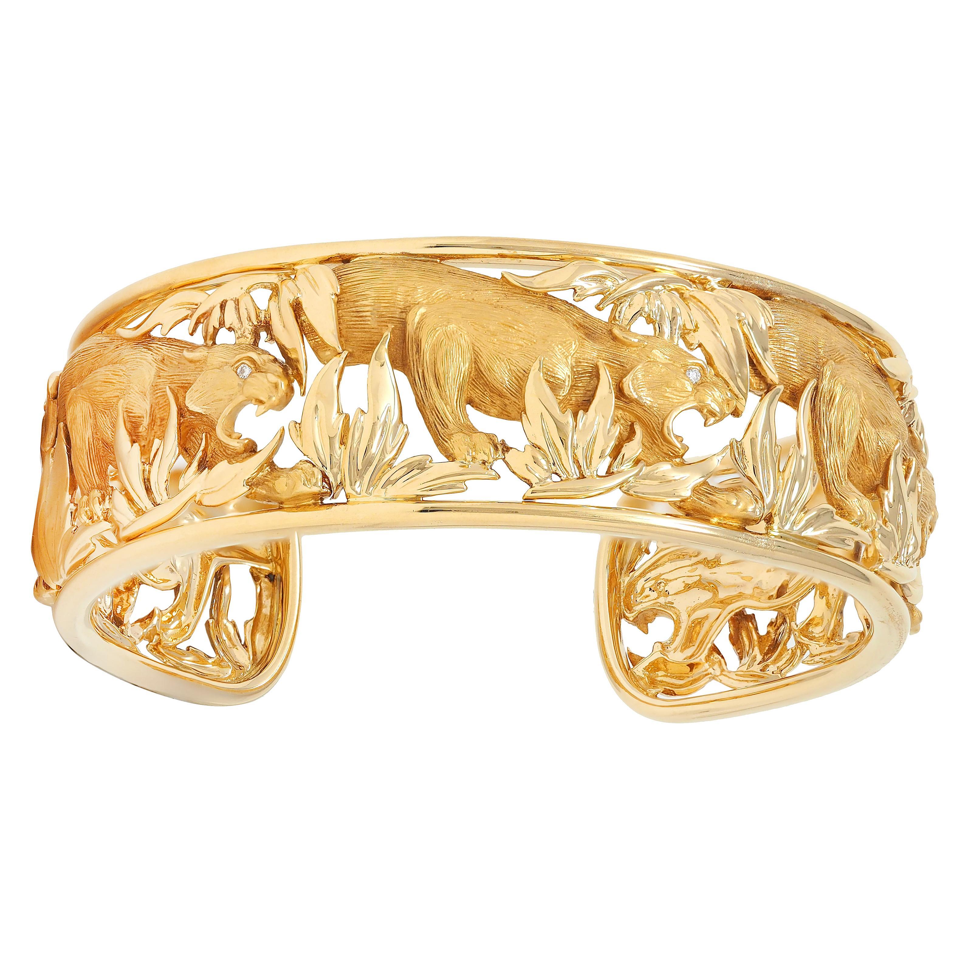 Bracelet manchette Carrera y Carrera diamant or jaune 18 carats Panthère Animal en vente 1