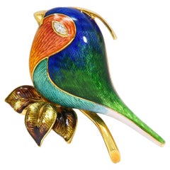 1980er Jahre Diamant-Emaille 18 Karat Gelbgold Vintage Vogel Brosche
