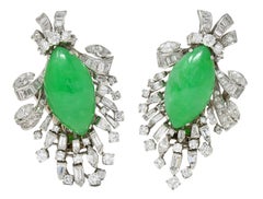 J.E. Caldwell Mid-Century Jade Diamant Platin Vintage Spray Ohr-Clip-Ohrringe