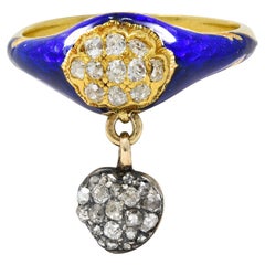 Viktorianischer Diamant Blau Emaille 18K Gelbgold Antiker Herz Cluster Ring
