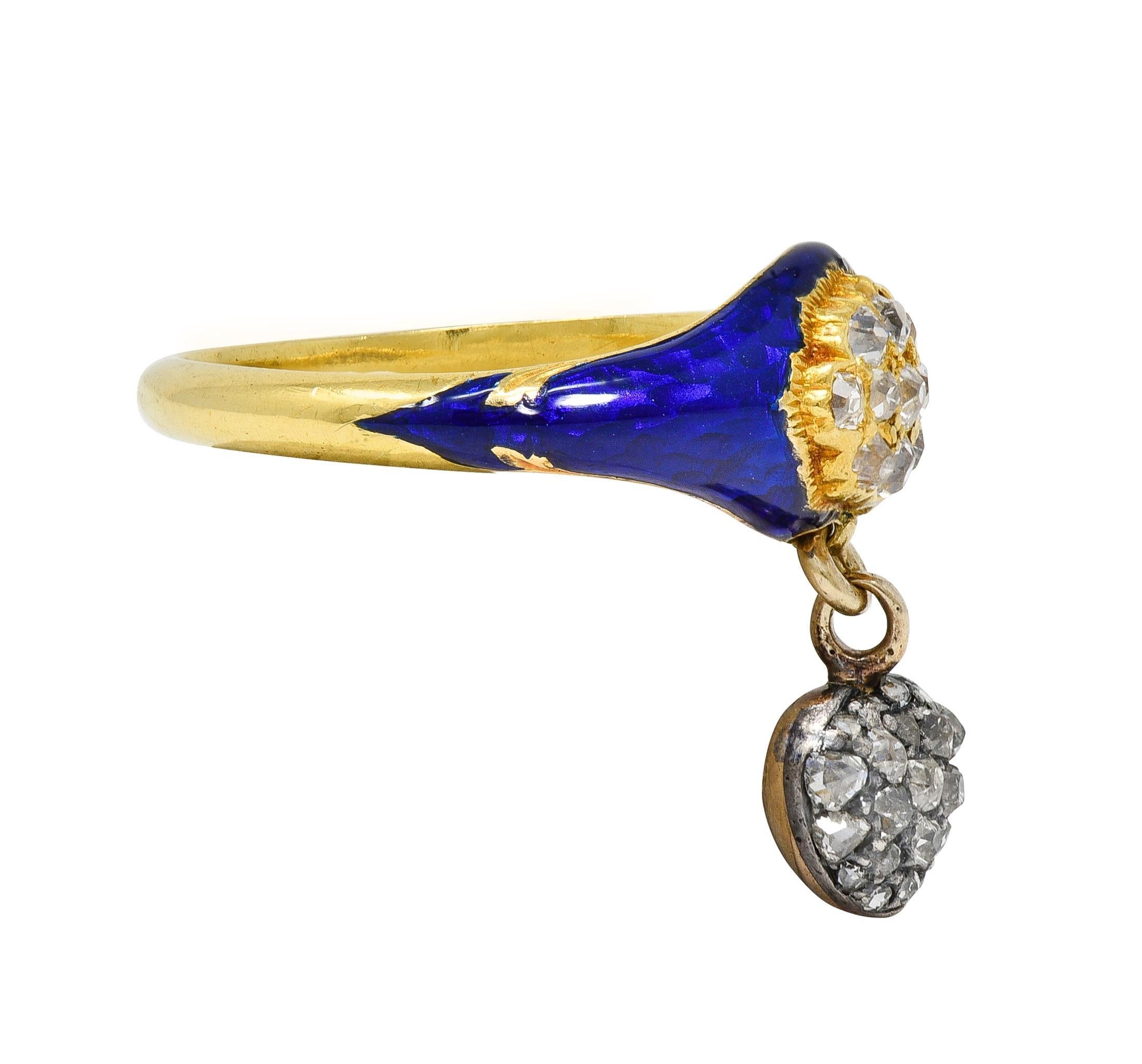 Taille vieille mine Bague victorienne en or jaune 18K avec diamant, émail bleu et cœur antique en vente