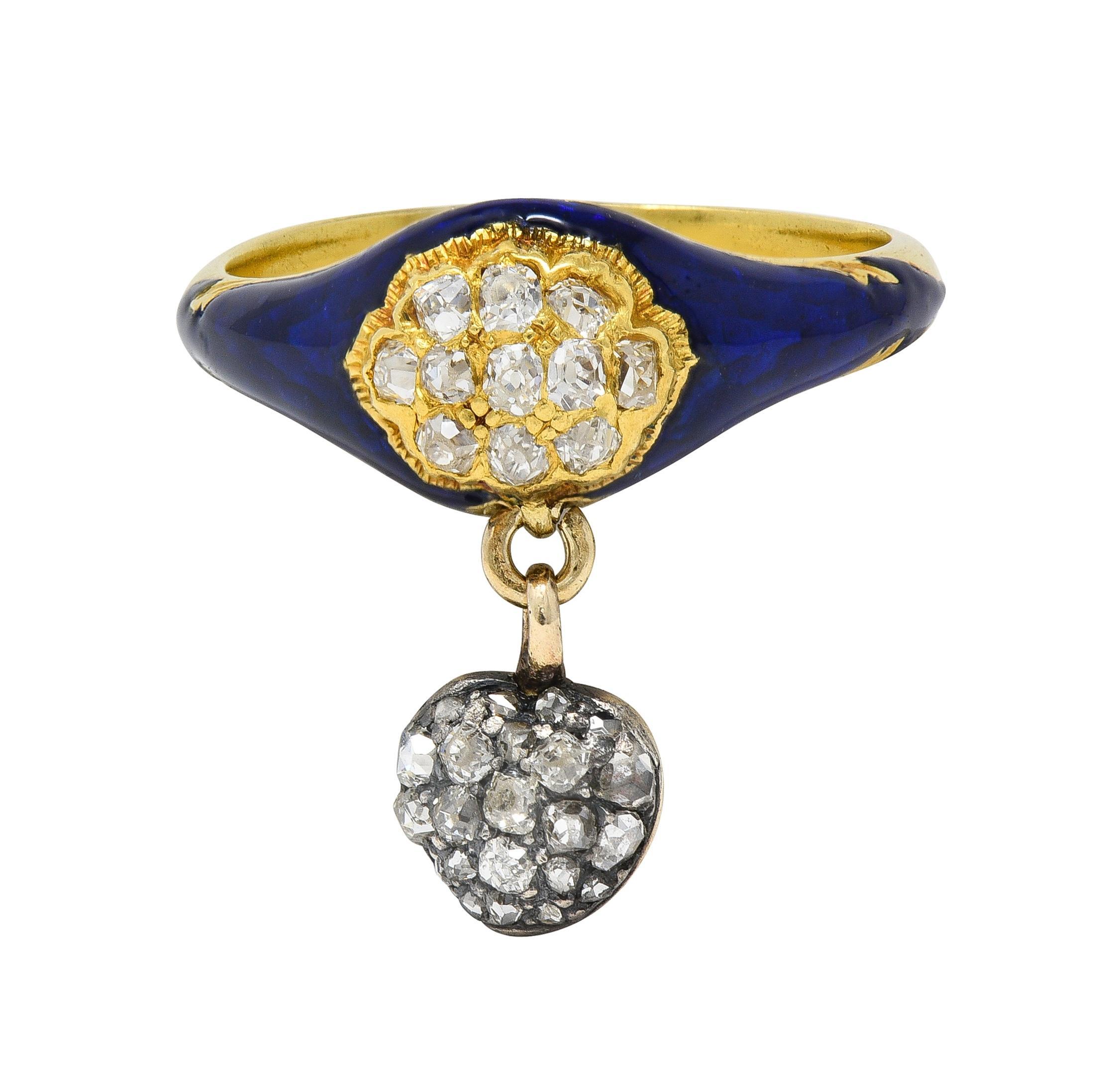 Victorien Bague victorienne en or jaune 18K avec diamant, émail bleu et cœur antique en vente