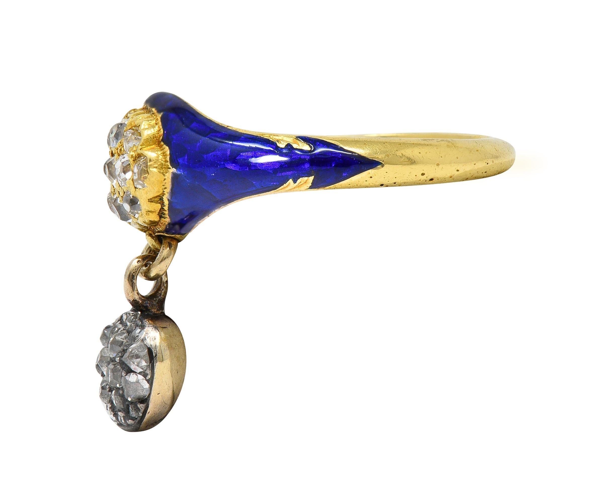 Bague victorienne en or jaune 18K avec diamant, émail bleu et cœur antique Pour femmes en vente