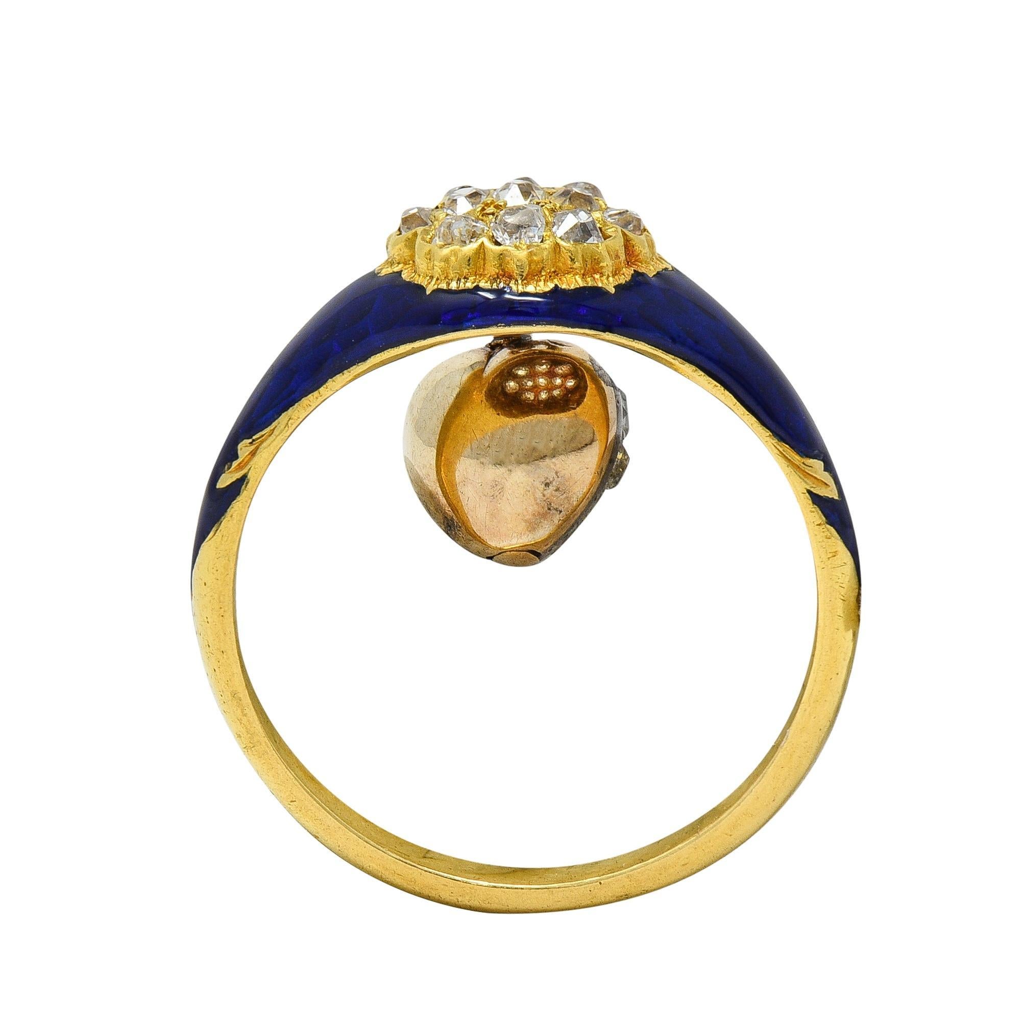 Bague victorienne en or jaune 18K avec diamant, émail bleu et cœur antique en vente 1