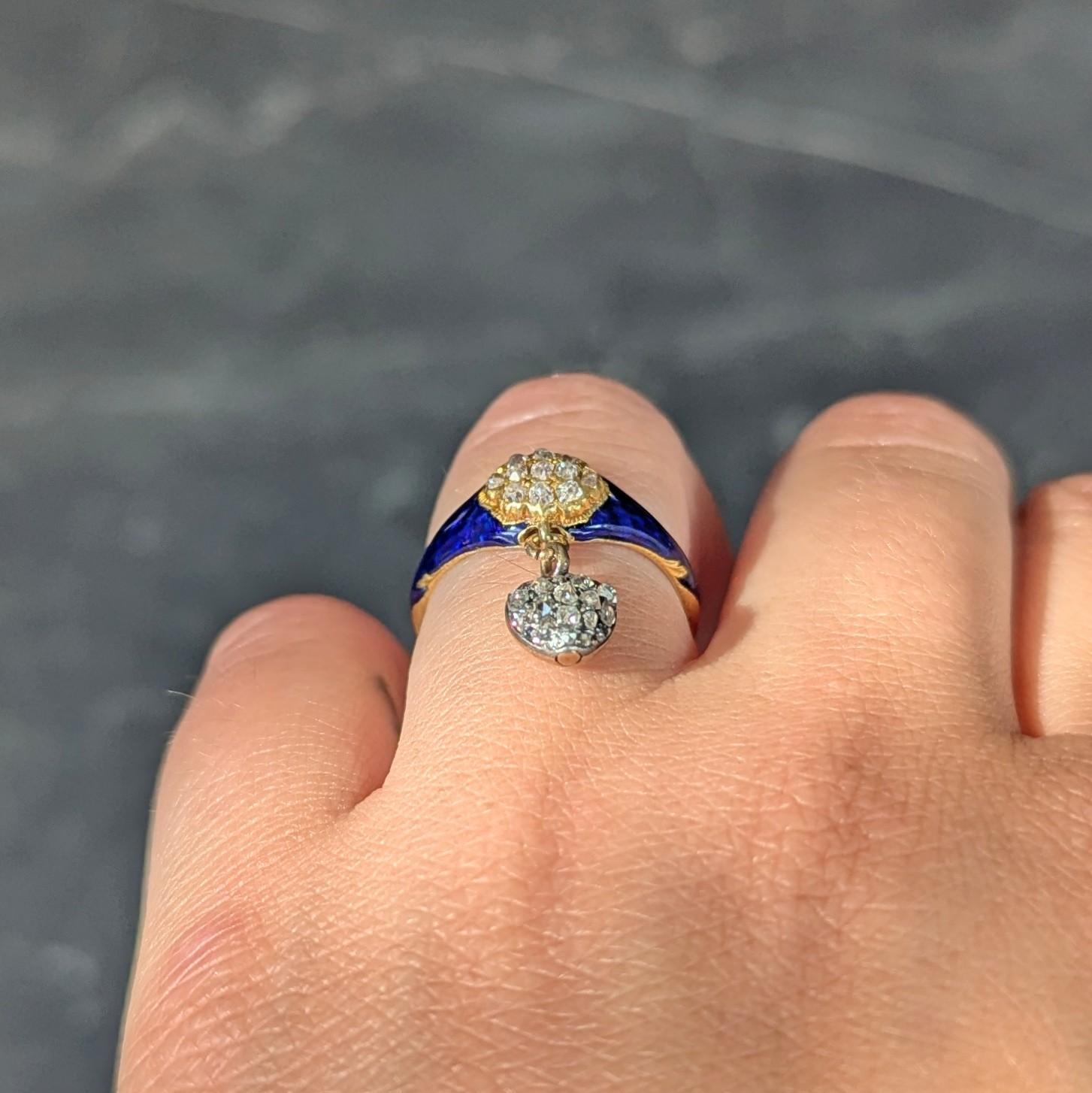Bague victorienne en or jaune 18K avec diamant, émail bleu et cœur antique en vente 3
