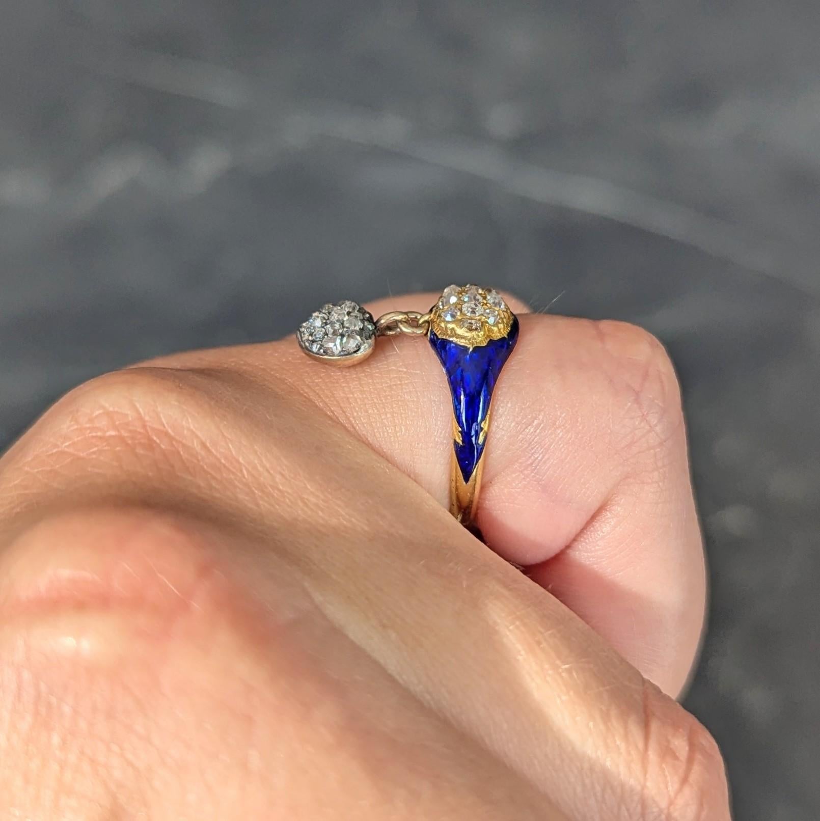 Bague victorienne en or jaune 18K avec diamant, émail bleu et cœur antique en vente 4