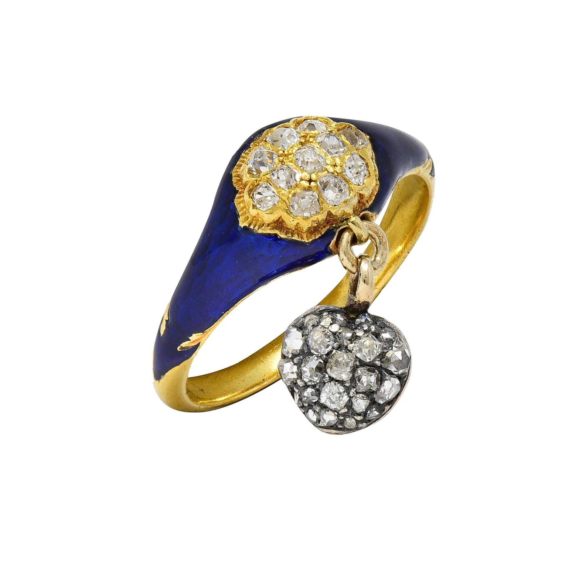 Bague victorienne en or jaune 18K avec diamant, émail bleu et cœur antique en vente 2