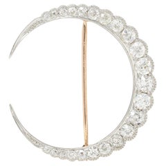 Broche de la fin de l'époque victorienne 2.90 CTW Diamond 14K Gold Platinum Antique Crescent Moon Brooch