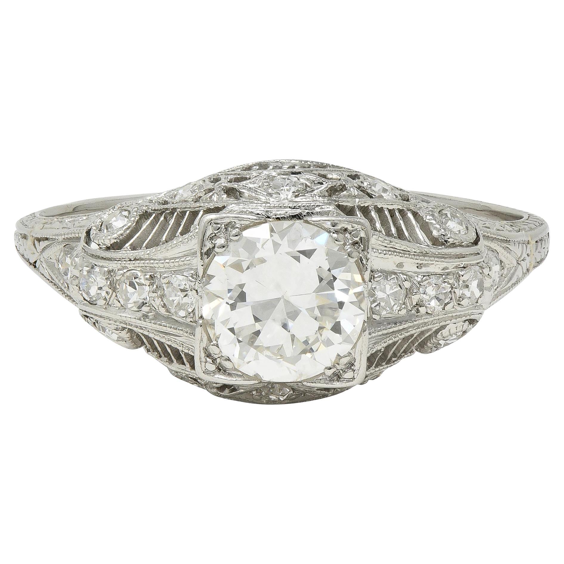 Art Deco Old European Cut Diamond Platinum Vintage Bombé Wheat Engagement Ring