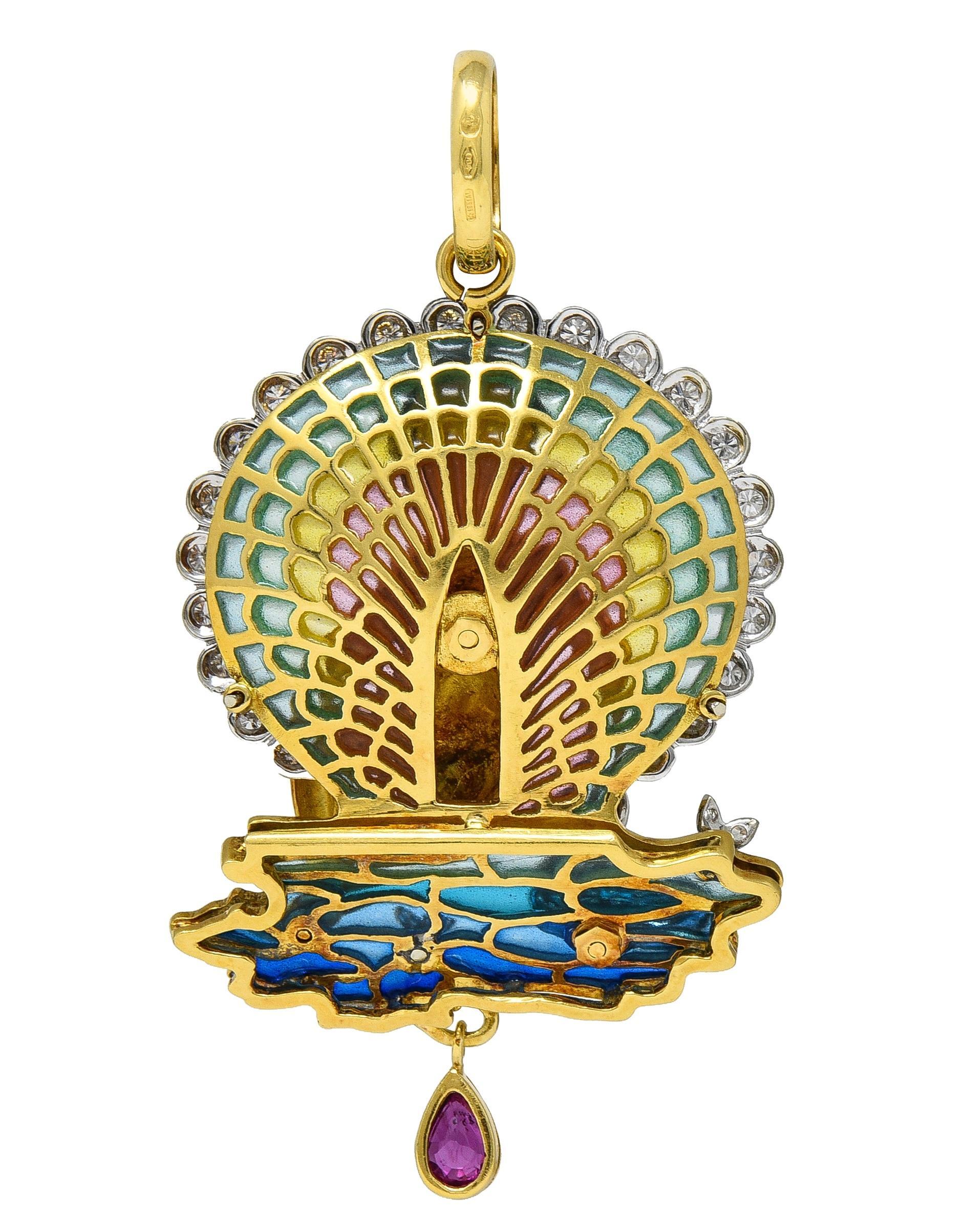 Art Nouveau Plique-a-jour Diamond Ruby Enamel 18 Karat Gold Cherub Duck Pond Pendant For Sale