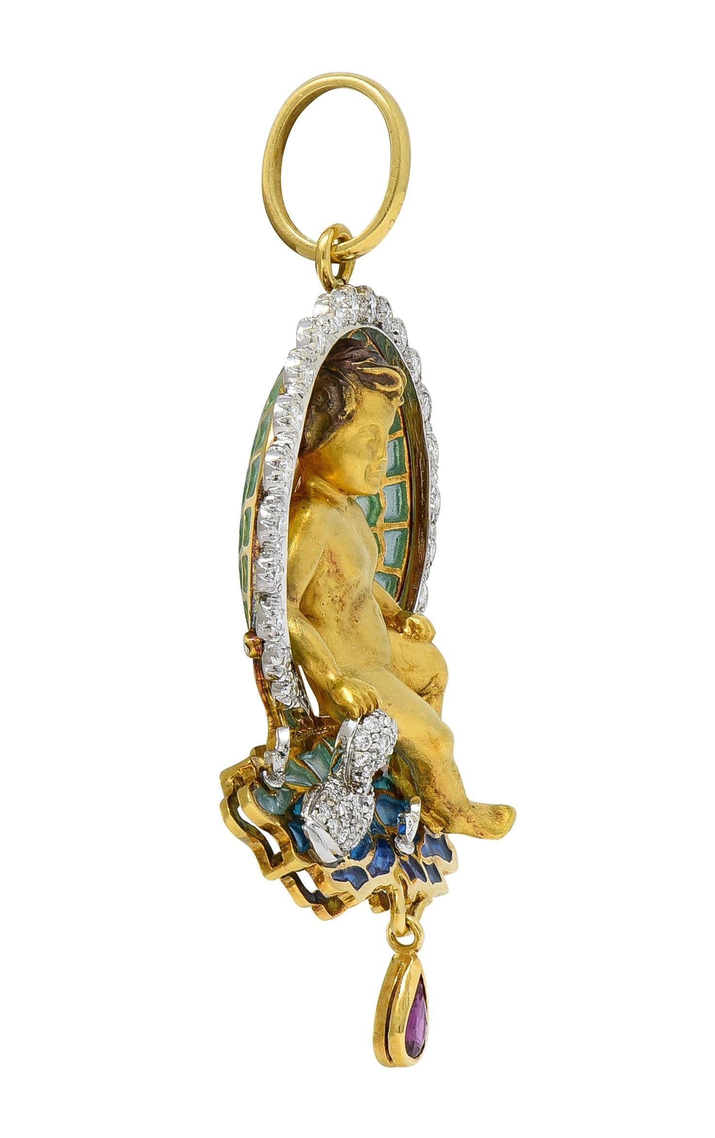 Pear Cut Plique-a-jour Diamond Ruby Enamel 18 Karat Gold Cherub Duck Pond Pendant For Sale