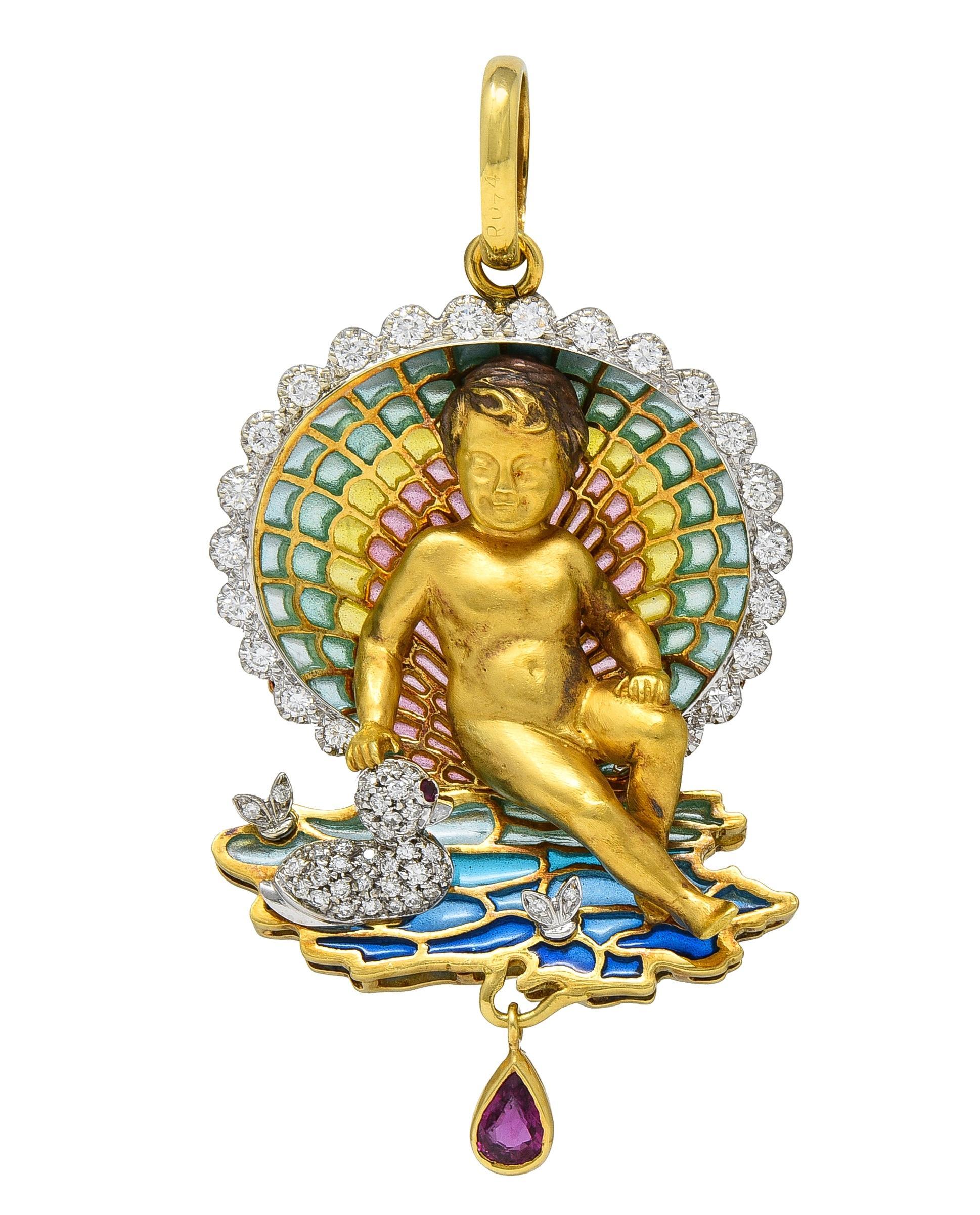 Women's Plique-a-jour Diamond Ruby Enamel 18 Karat Gold Cherub Duck Pond Pendant For Sale