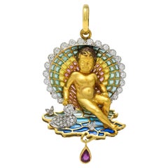 Plique-a-jour Diamond Ruby Enamel 18 Karat Gold Cherub Duck Pond Pendant