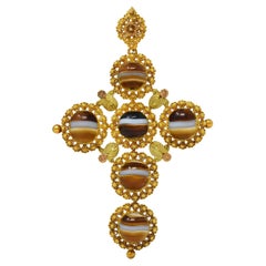 Victorian Etruscan Revival Sardonyx 18K Gold Antique Cross Pendant
