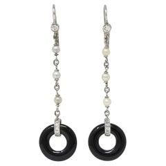 Pendientes de gota art déco de diamante ónice perla platino oro 18 quilates antiguo