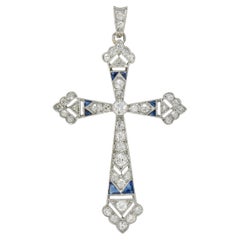 French Art Deco Old European Cut Diamond Sapphire Platinum Vintage Cross Pendant