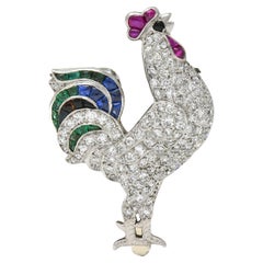 French Art Deco 4.15 CTW Diamond Multi-Gem Onyx Platinum Vintage Rooster Brooch