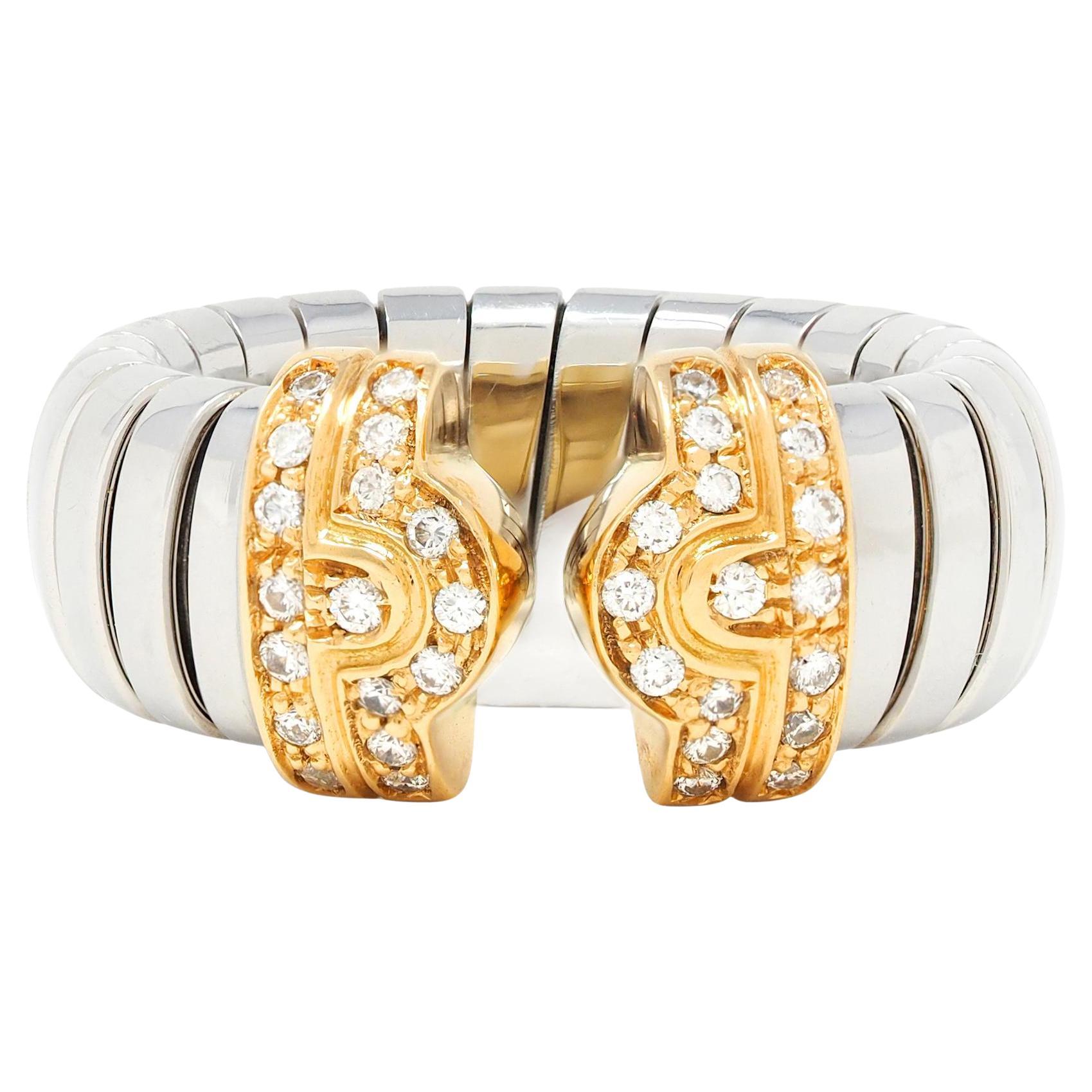 Bulgari Anello Omega Parentesi Tubogas Vintage con Diamante in Oro Giallo 18 Carati e Acciaio
