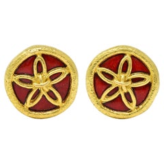 Schlumberger Tiffany & Co. Enamel 18K Gold Vintage Sand Dollar Ear-Clip Earrings