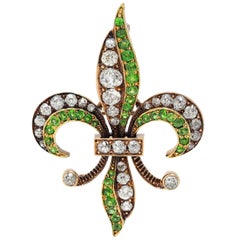 Victorian Diamond Demantoid Garnet 14K Gold Antique Fleur-De-Lis Pendant Brooch