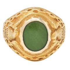 Anello con sigillo della Marina Militare degli Stati Uniti d'America, anni '60, in giada nefrite, oro giallo 14 carati, vintage