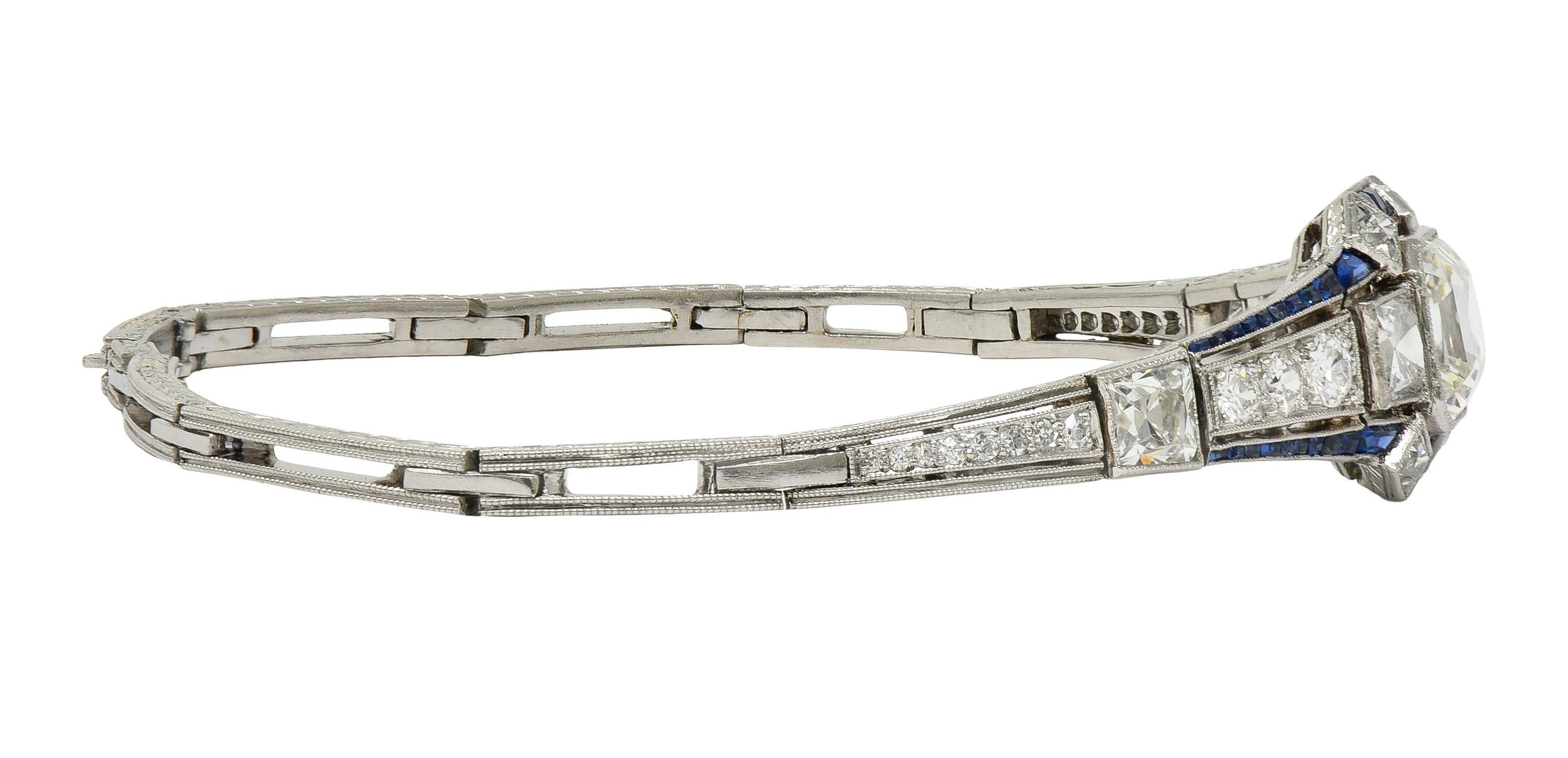 Art Decó 7.32 CTW Asscher Diamante Zafiro Platino Panel Vintage Pulsera Line en Excelente estado para la venta en Philadelphia, PA