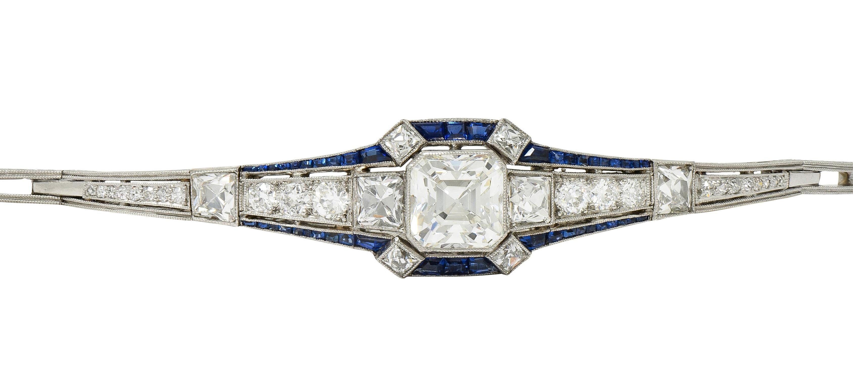 Art Decó 7.32 CTW Asscher Diamante Zafiro Platino Panel Vintage Pulsera Line Corte Asscher en venta