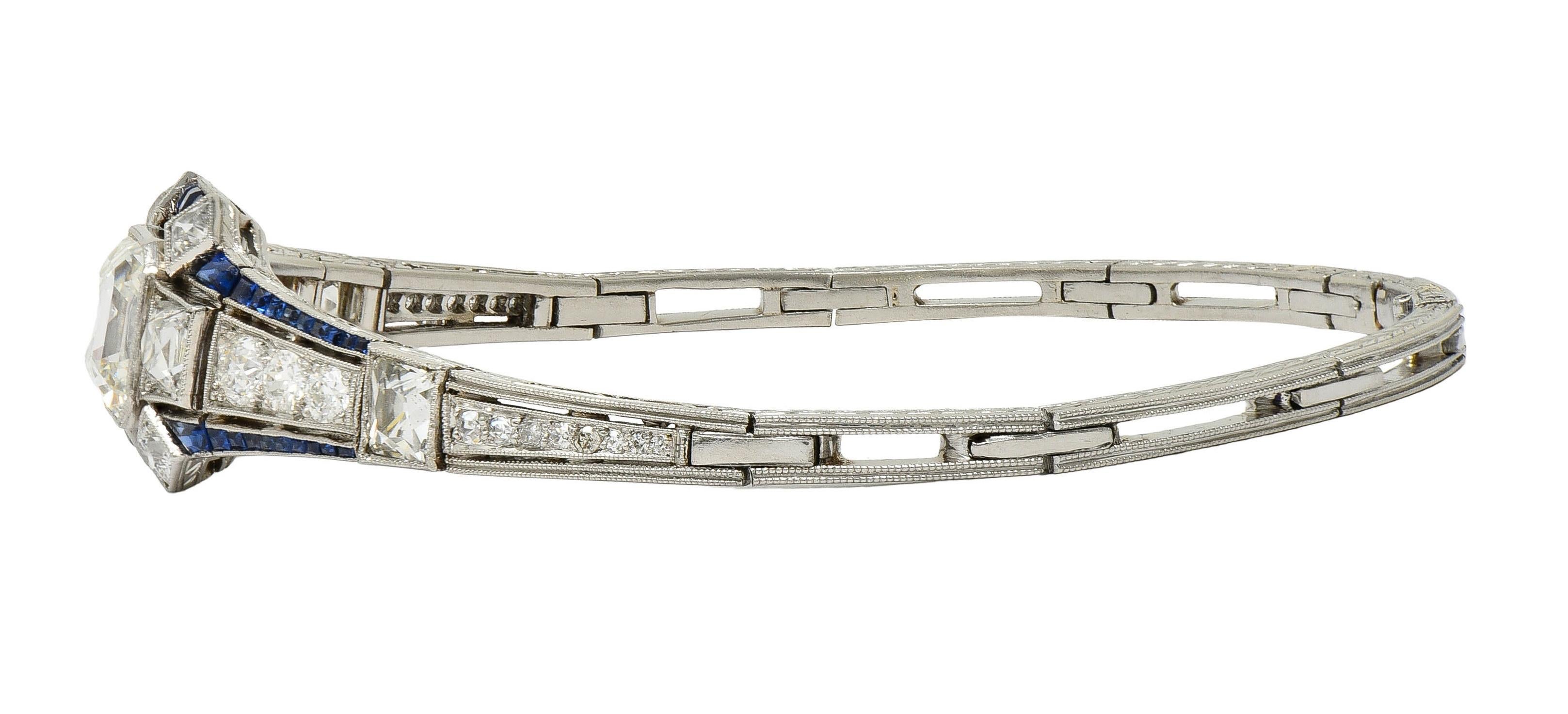 Art Decó 7.32 CTW Asscher Diamante Zafiro Platino Panel Vintage Pulsera Line en venta 2