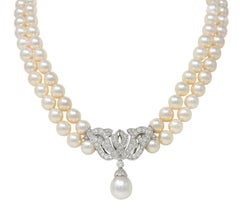 Mikimoto Pearl Diamond Platinum Vintage Multi-Strand Statement Station Necklace