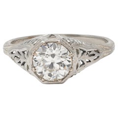 Art Deco Old European Diamond 18K White Gold Foliate Antique Engagement Ring GIA