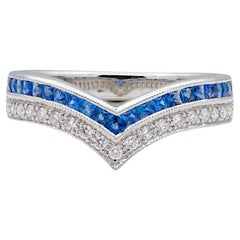 Contemporary French Cut Sapphire Diamond 14K Gold Chevron Contour Band Ring