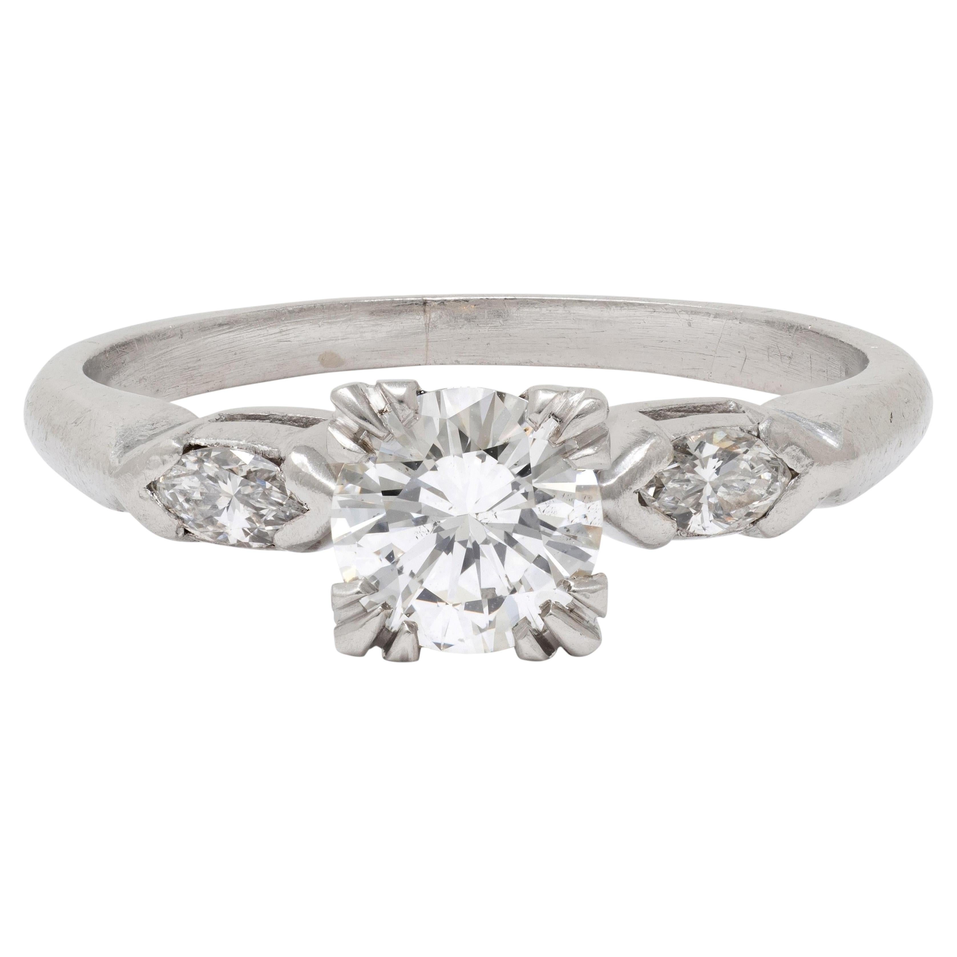 Mid-Century 0.82 CTW Diamond Platinum Marquise Three Stone Engagement Ring GIA For Sale