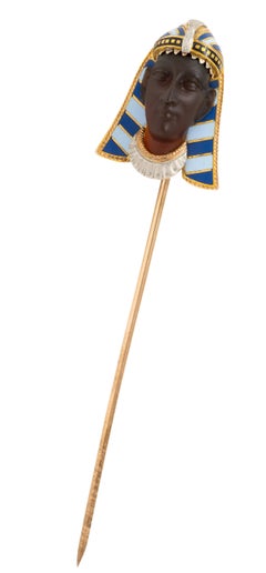 Art Deco Egyptian Carnelian Enamel 14K Gold Platinum Antique Pharaoh Stickpin