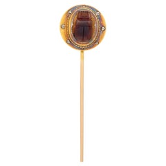 Victorian Egyptian Revival Diamond Agate 18K Gold Antique Scarab Beetle Stickpin