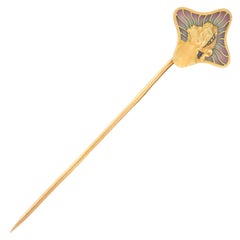 Art Nouveau Diamond Plique-A-Jour Enamel 18K Gold Antique Gibson Girl Stickpin