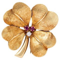 Tiffany & Co. 1950's Diamond Ruby 14K Gold Antique Four Leaf Clover Brooch