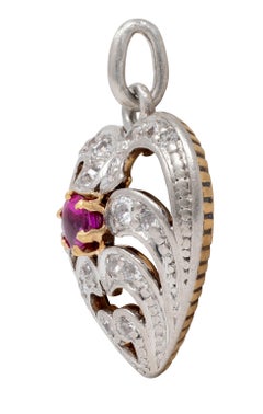 Antiker Herz-Anhänger aus 18-karätigem Gelbgold mit Rubin und Diamanten im edwardianischen Stil, mit Platin-Beschichtung