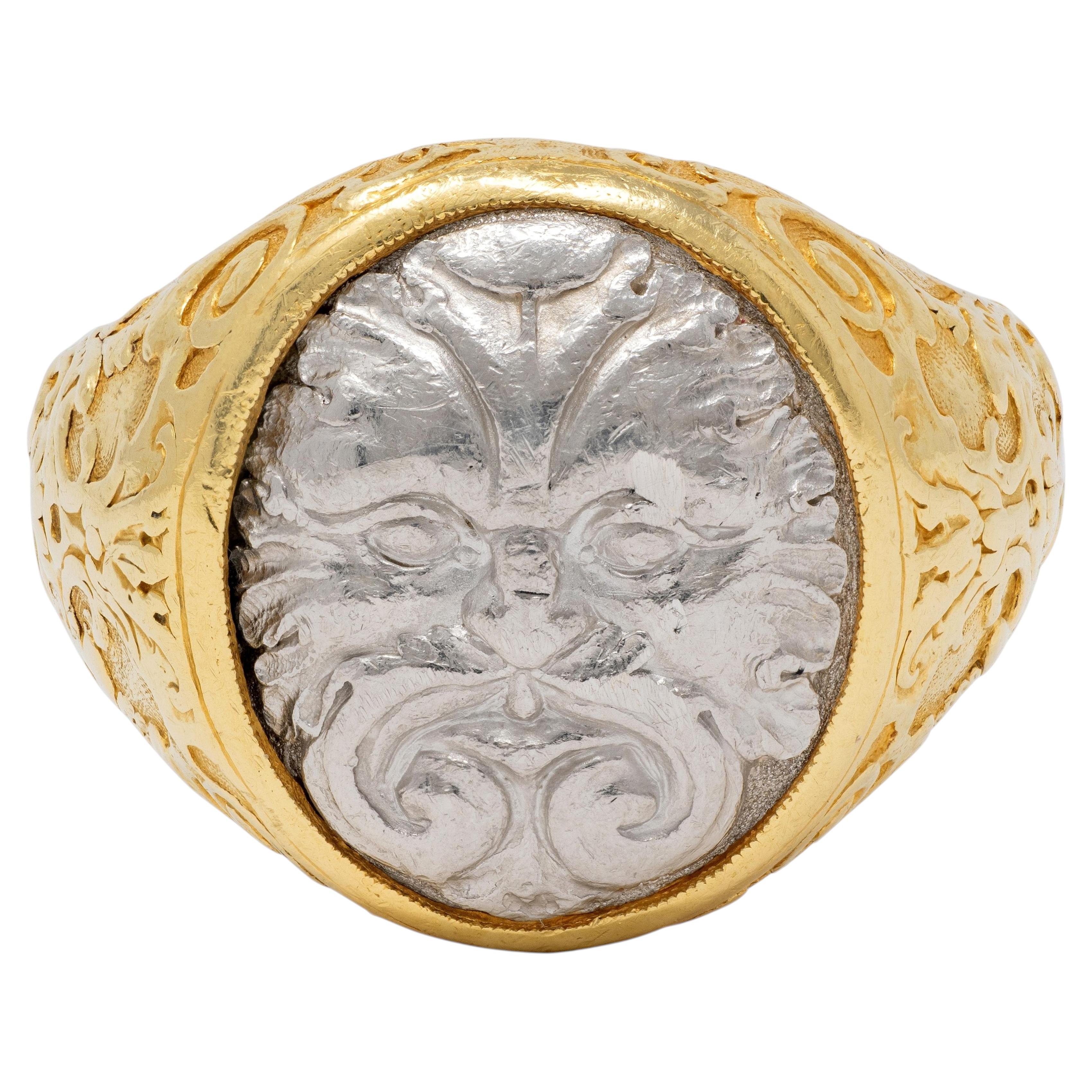 Paul Lantuch 2000's 18 Karat Yellow Gold Platinum Unisex Green Man Signet For Sale
