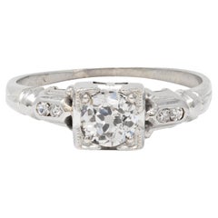 Art Deco Old European Diamond 18 Karat White Gold Vintage Lotus Engagement Ring